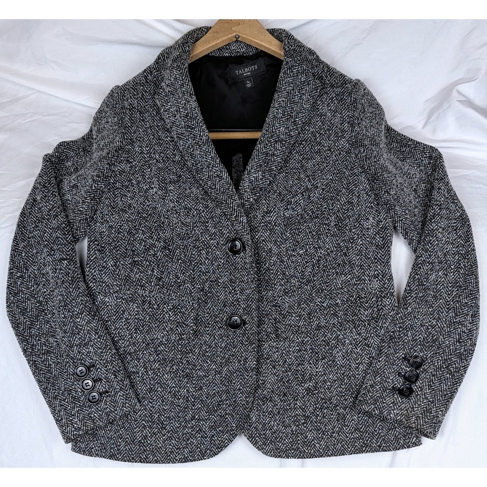 Talbots Petites Black White Herringbone Blazer Shawl Collar Jacket Size SP